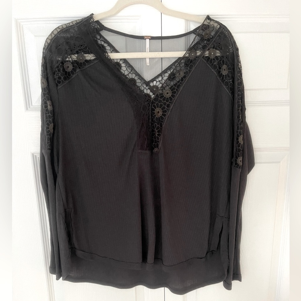 NWOT Free People Black Lace and Mesh Long sleeve Shirt size small